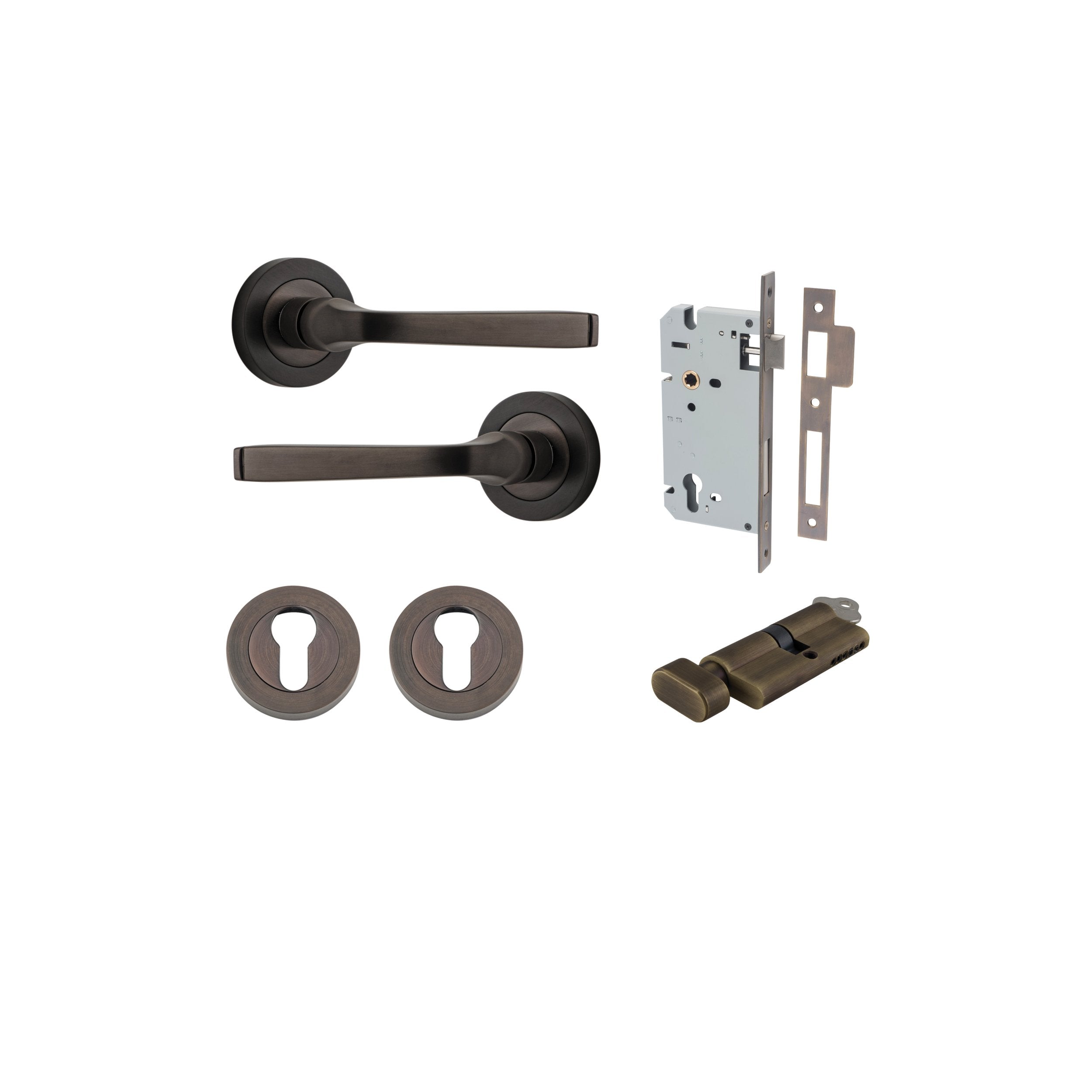 Annecy Lever - Round Rose Entrance Kit with Separate High Security Lock Turn Cylinder