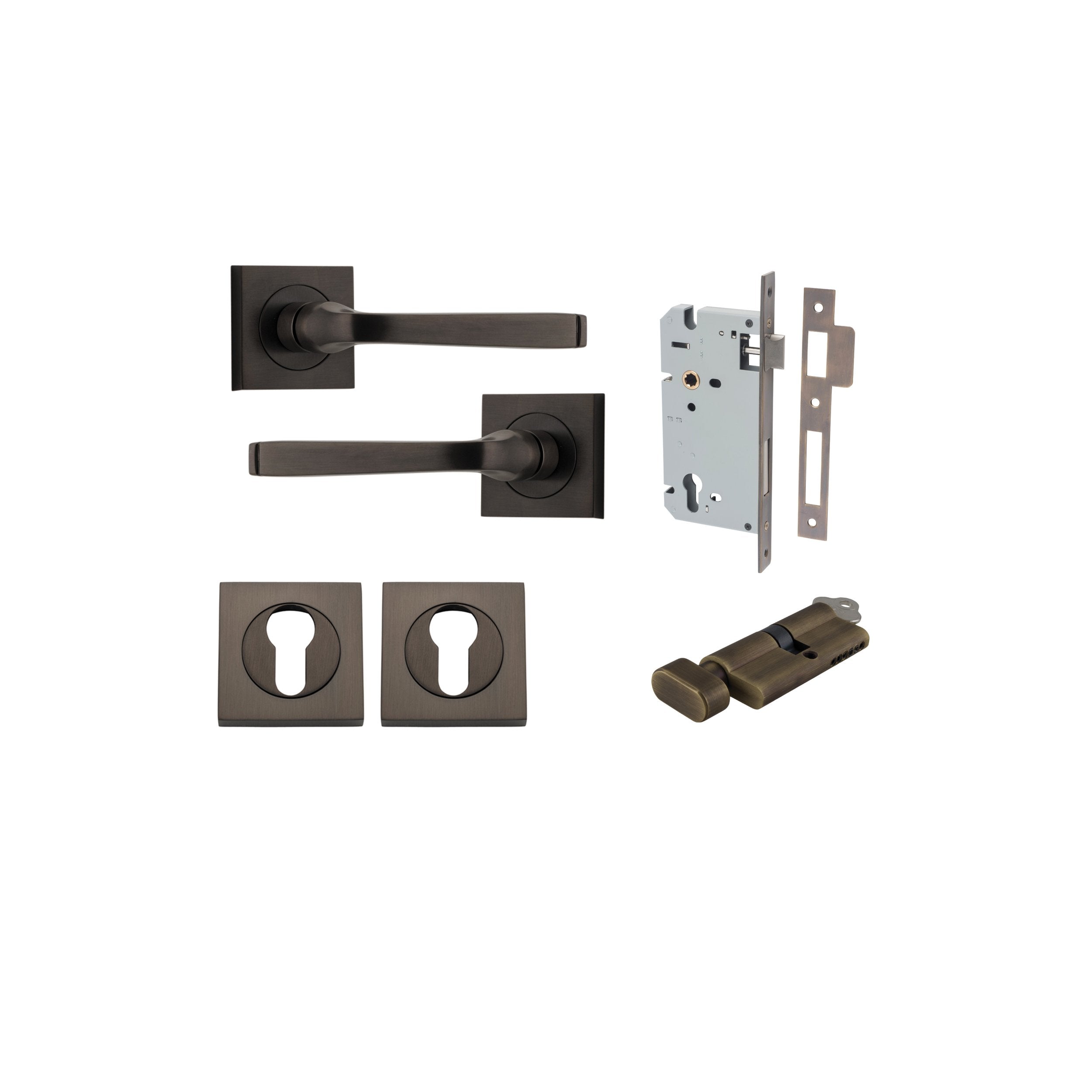 Annecy Lever - Square Rose Entrance Kit with Separate High Security Lock Turn Cylinder