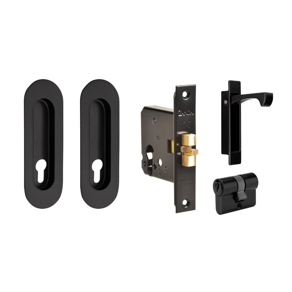 Net Style Lock Oval Style Sliding Door Euro Lock Kit - Matt Black