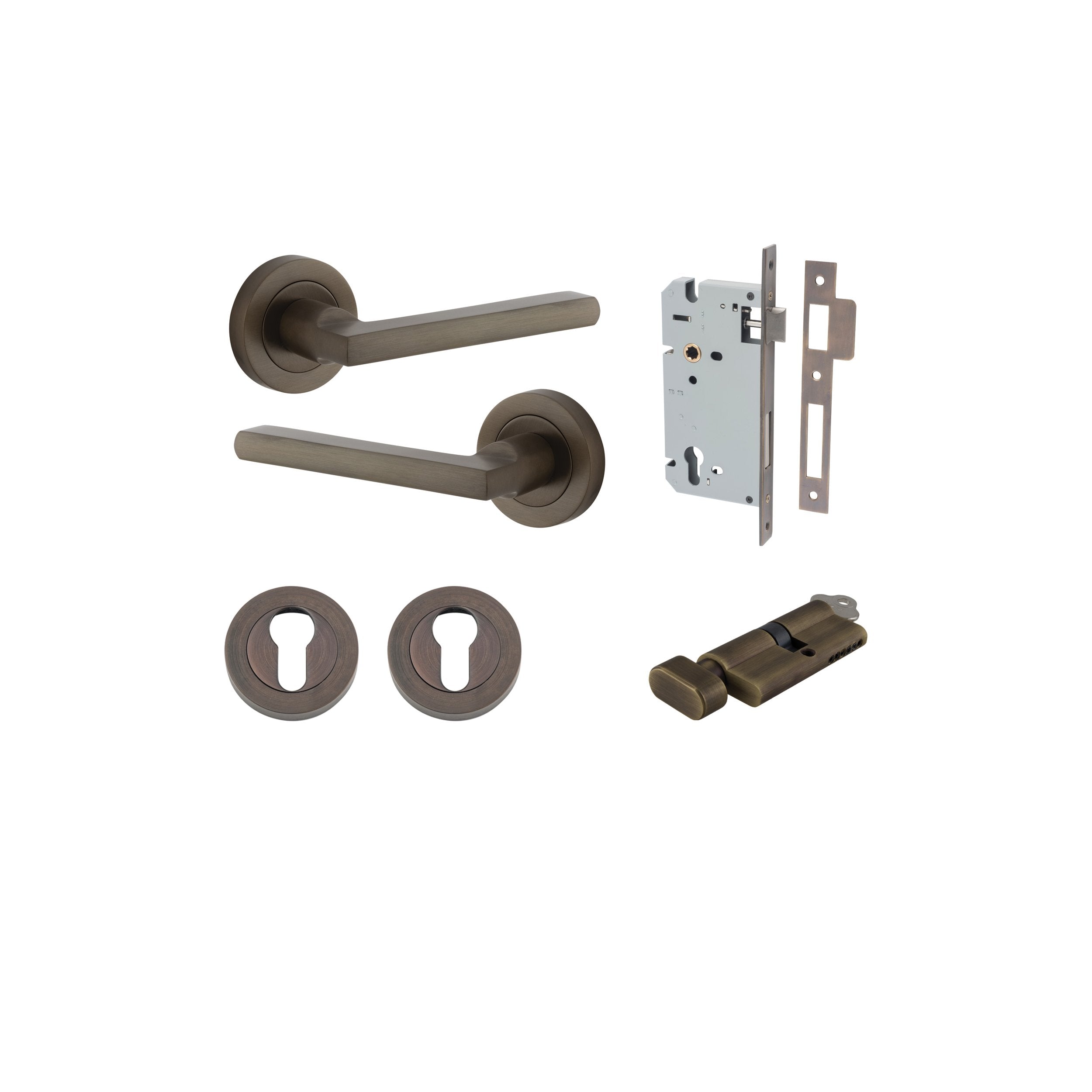 Baltimore Lever - Round Rose Entrance Kit with Separate High Security Lock Turn Cylinder