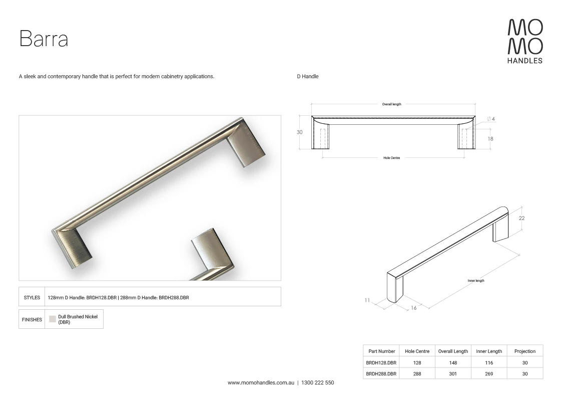 Momo Barra D Handle In Dull Brushed Nickel