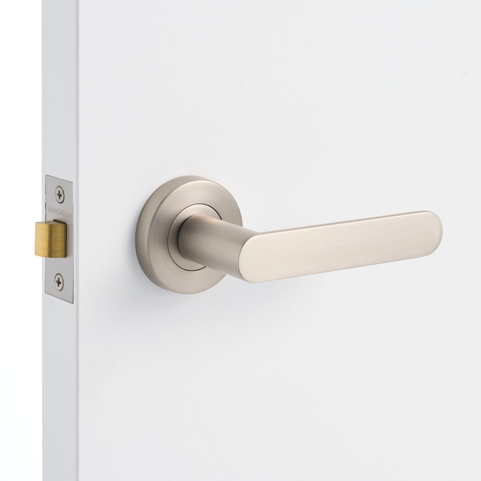 Brushed Nickel Door Handle Installed on a Door
