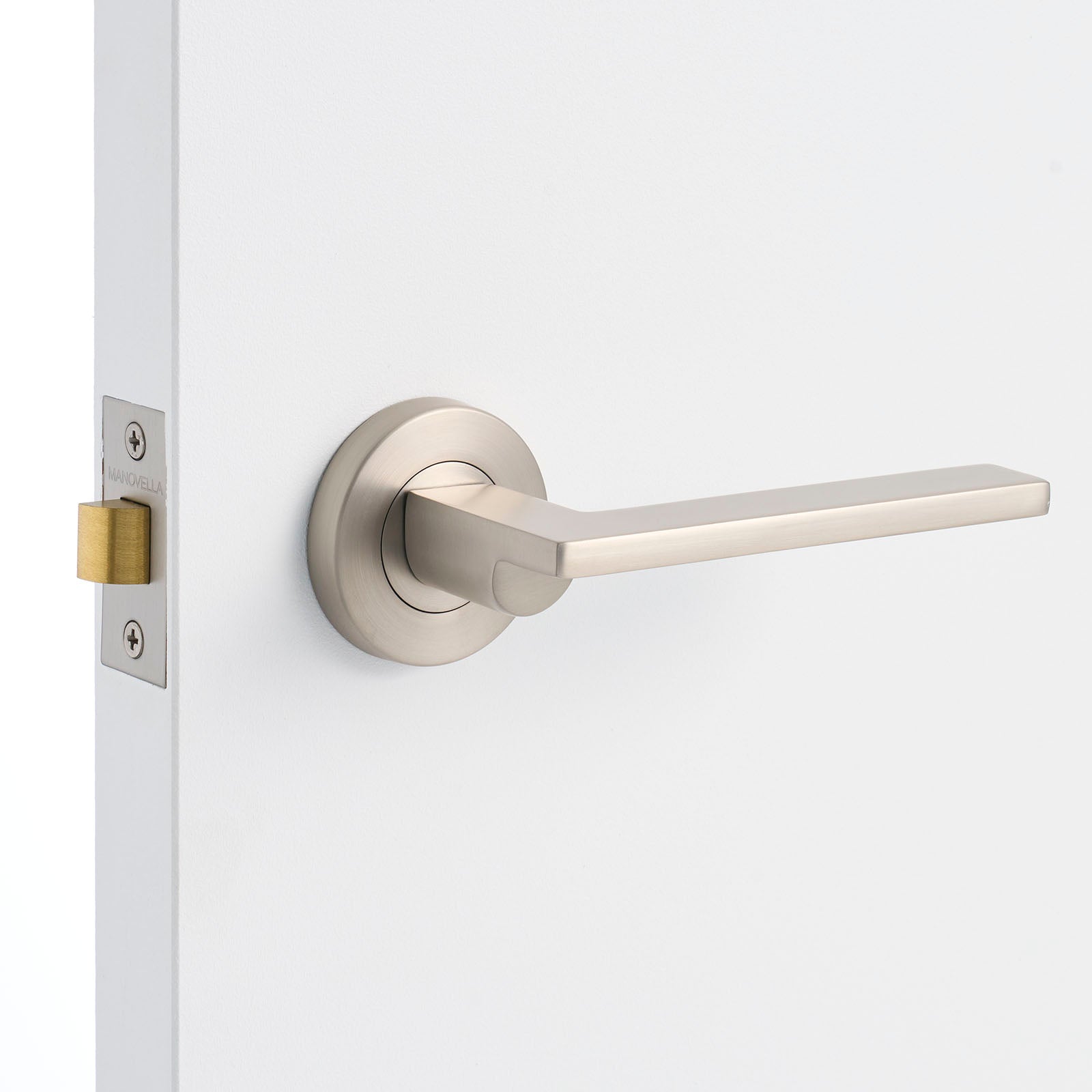 Brushed Nickel Passage Door Handle Installed on a Door
