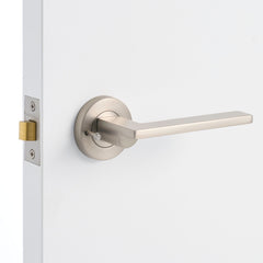 Brushed Nickel Privacy Door Handle Installed on a Door