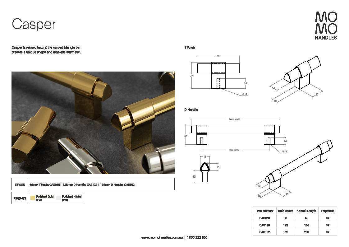 Momo Casper T Knob 60mm In Polished Gold