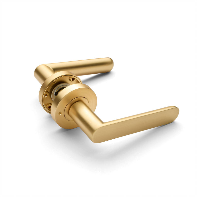 A satin brass privacy door handle with a rounded lever and an oval profile, displayed against a white background.