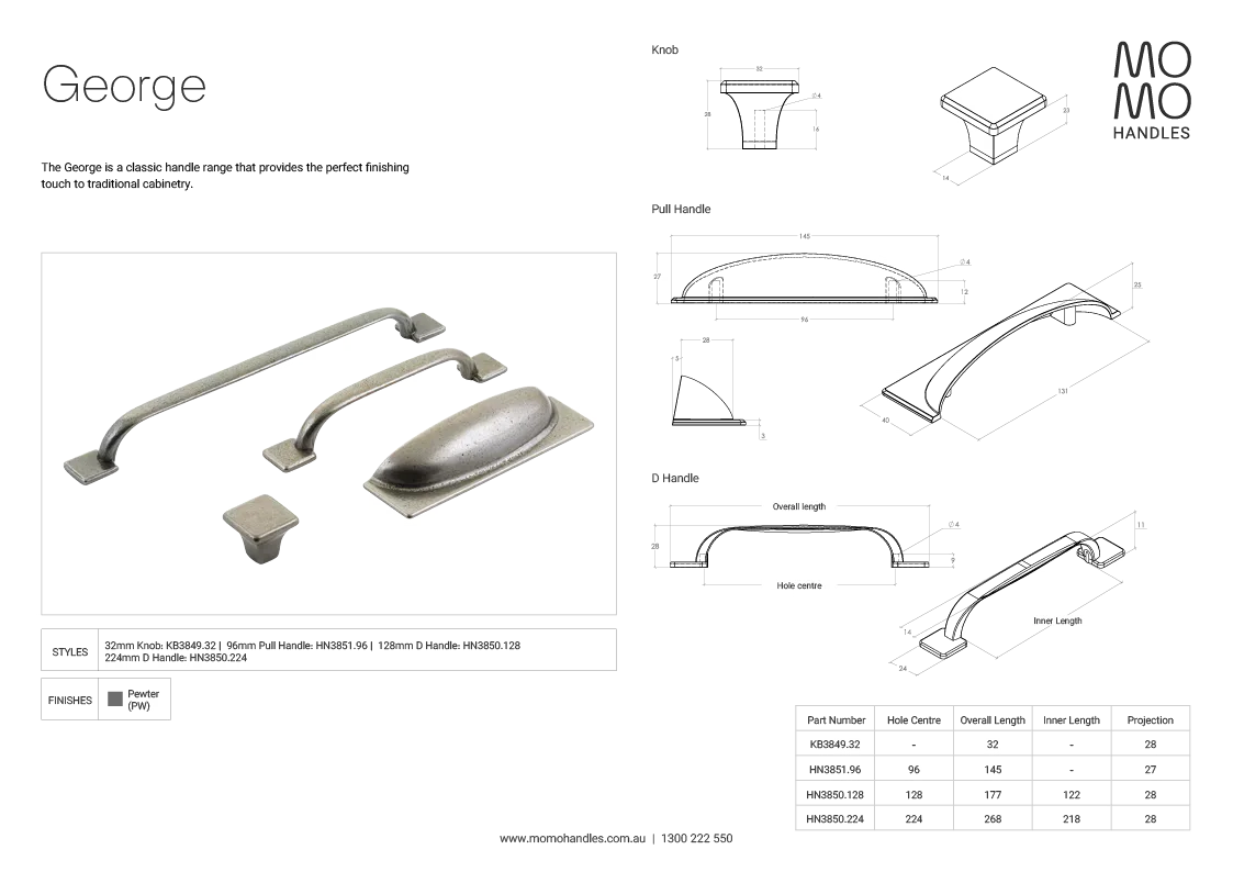 Momo George Square Knob 32mm In Pewter