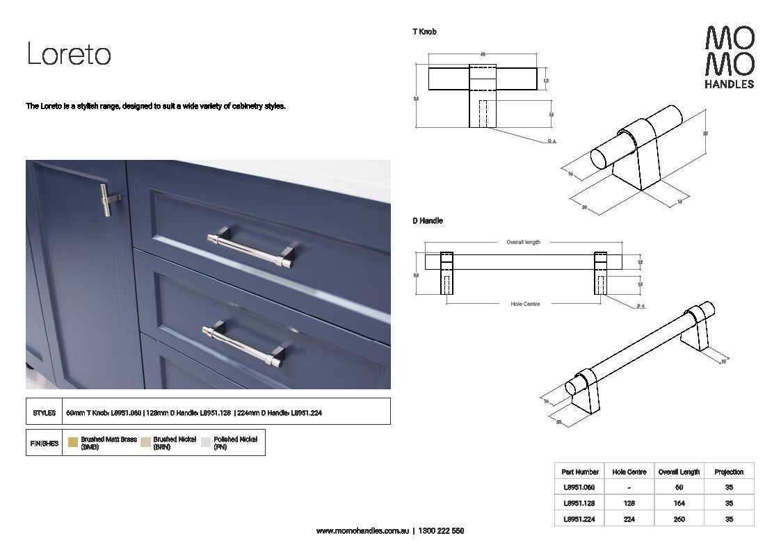 Momo Loreto T Knob 60mm In Brushed Matt Brass