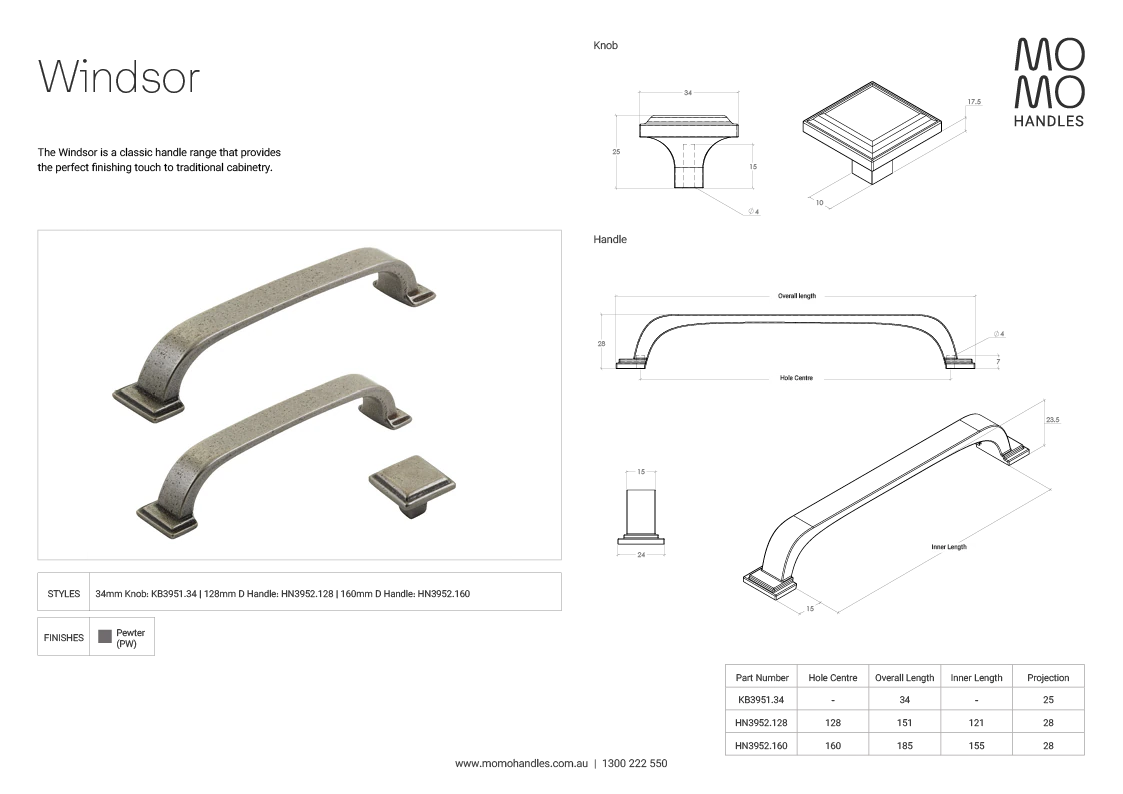 Momo Windsor Square Knob 34mm In Pewter