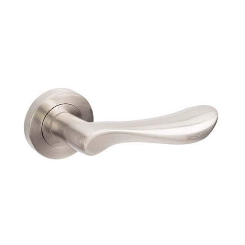 JUNO DOOR HANDLE LEVER SET ON ROUND ROSE BRUSHED NICKEL
