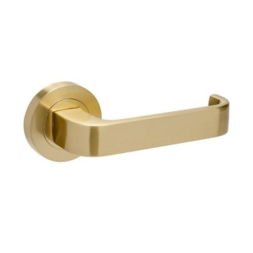 STREAMLINE DOOR HANDLE LEVER SET ON ROUND ROSE SATIN BRASS