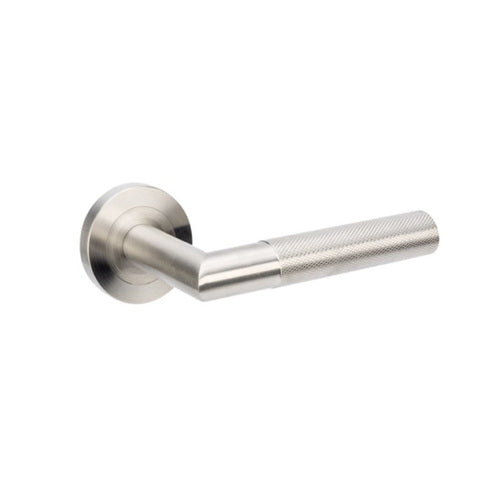 WYATT DOOR HANDLE LEVER ON ROUND ROSE SATIN STAINLESS STEEL