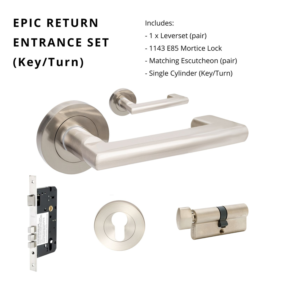 Epic Return Entrance Set in Brushed Nickel with 70mm Backset and Key/Thumb Turn Cylinder