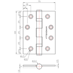 Measurements and specification of Manovella 100mm x 75mm Ball Bearing Hinge in Satin Brass finish