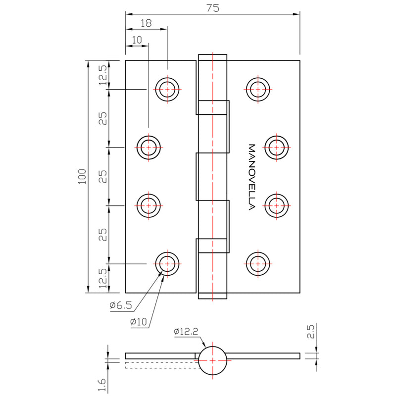 Measurements and specification of Manovella 100mm x 75mm Ball Bearing Hinge in Satin Brass finish